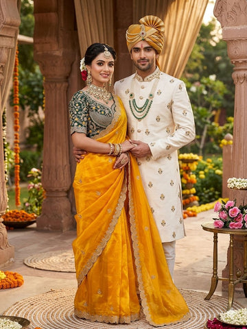 Beautiful Yellow Sabyasachi Inspired Saree with Stiched Blouse