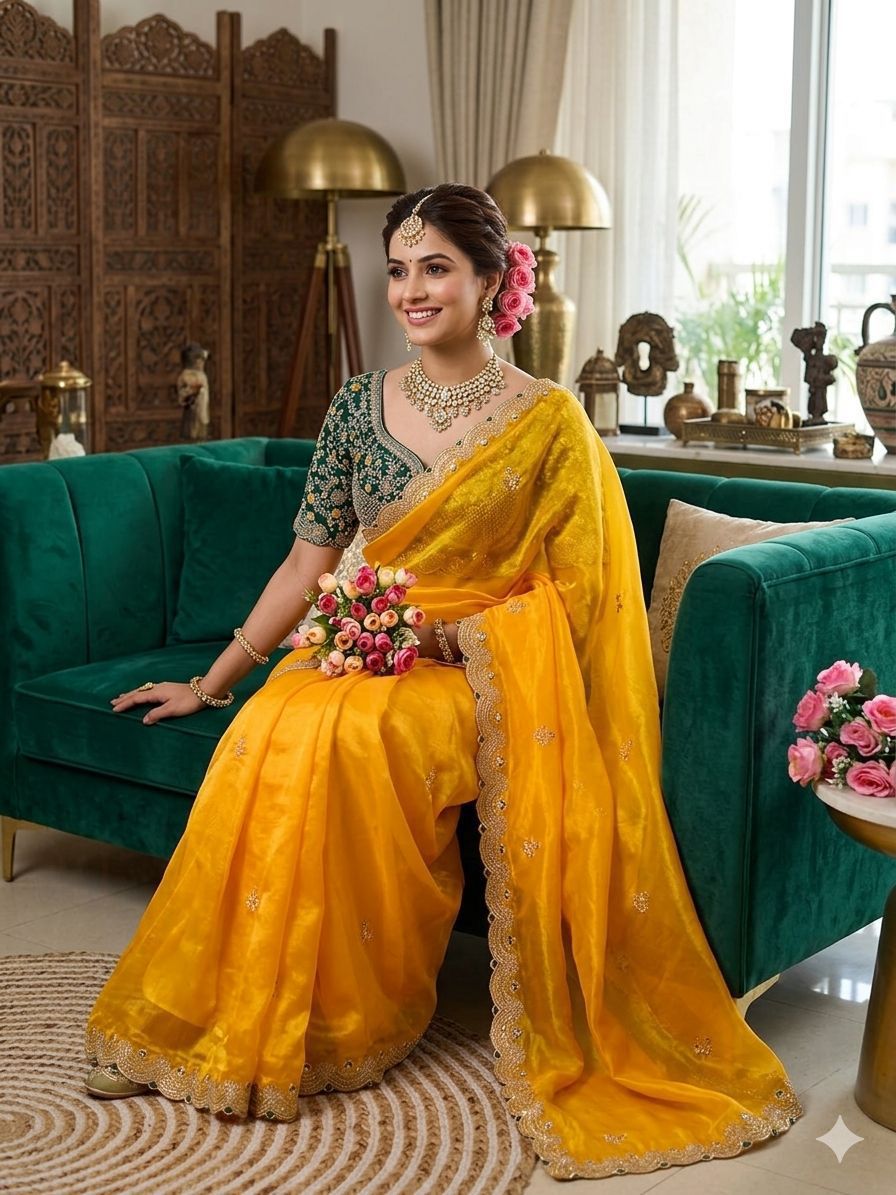 Beautiful Yellow Sabyasachi Inspired Saree with Stiched Blouse
