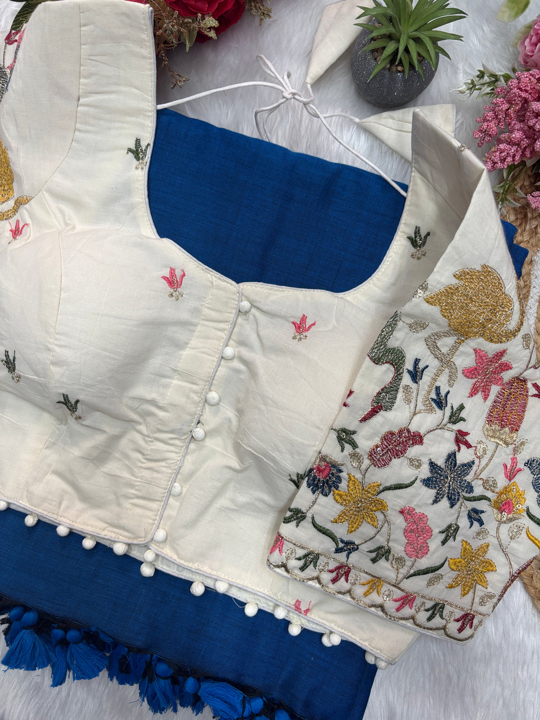 Cotton Saree With Embrodery Work Ready Made Blouse