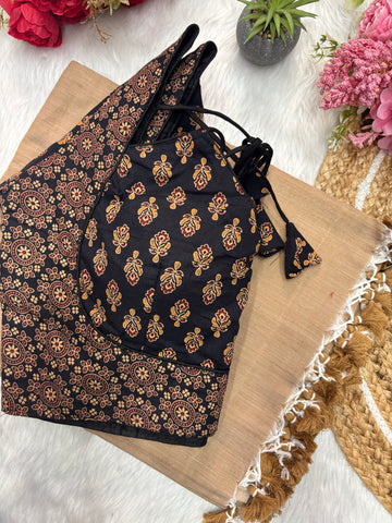 Khadi Cotton Saree With Ajrakh Printed Stitched Blouse