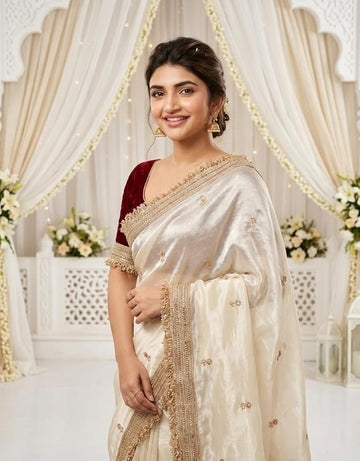 Beautyful Sattin Saree with Multi Sequence Embroidery Work Lace Border