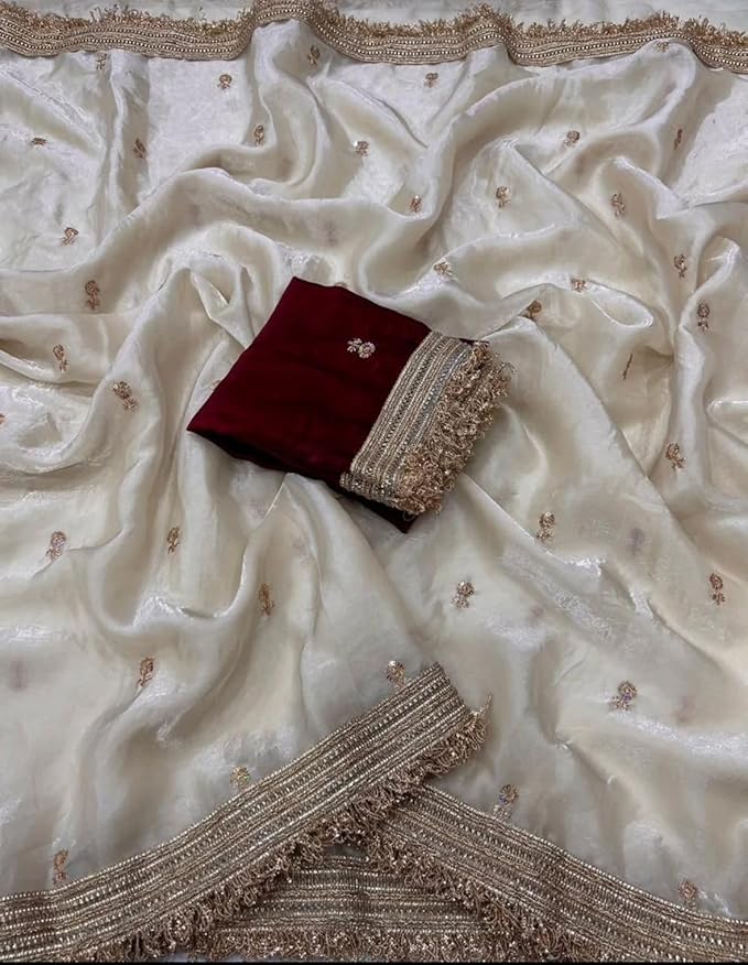 Beautyful Sattin Saree with Multi Sequence Embroidery Work Lace Border