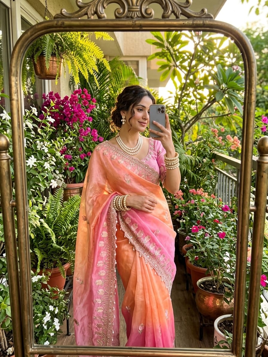 Peach Beautiful Lotus Embroidery Fendy Sartin Sari With Blouse