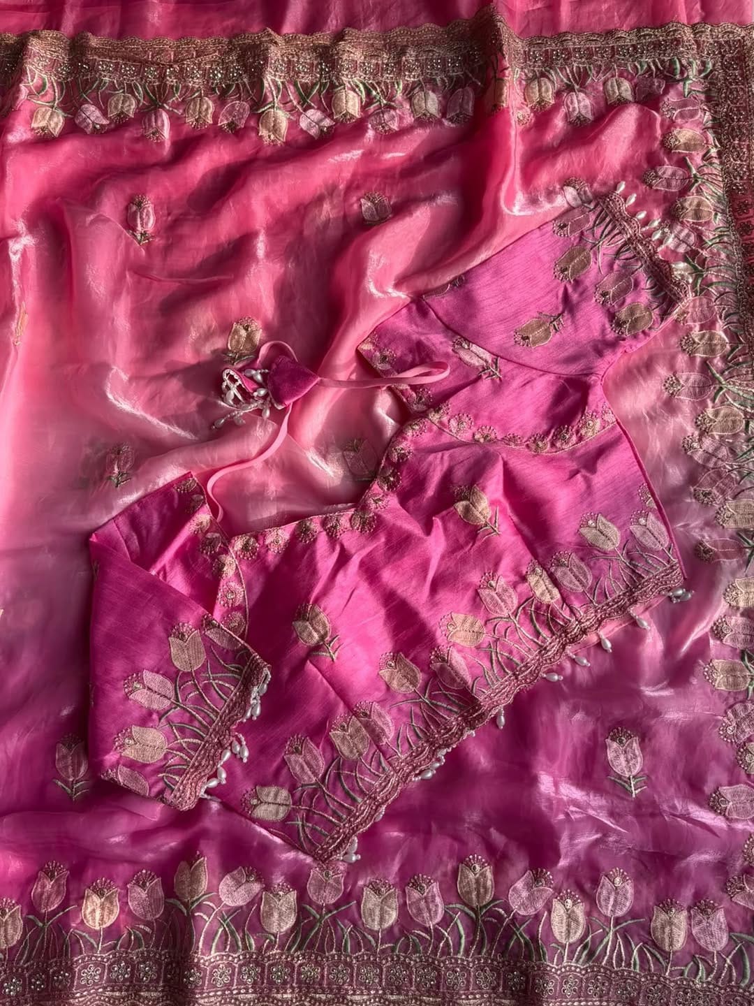Pink Beautiful Lotus Embroidery Fendy Sartin Sari With Blouse