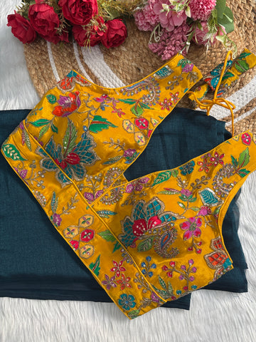 Green Vichitra Silk Plain Saree With Stiched V Neck Blouse