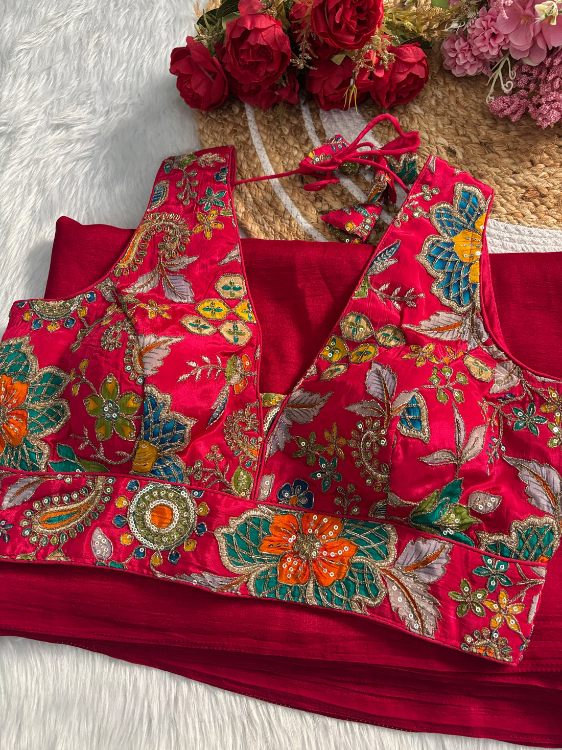 red emboerdiary blouse with Elegance touch