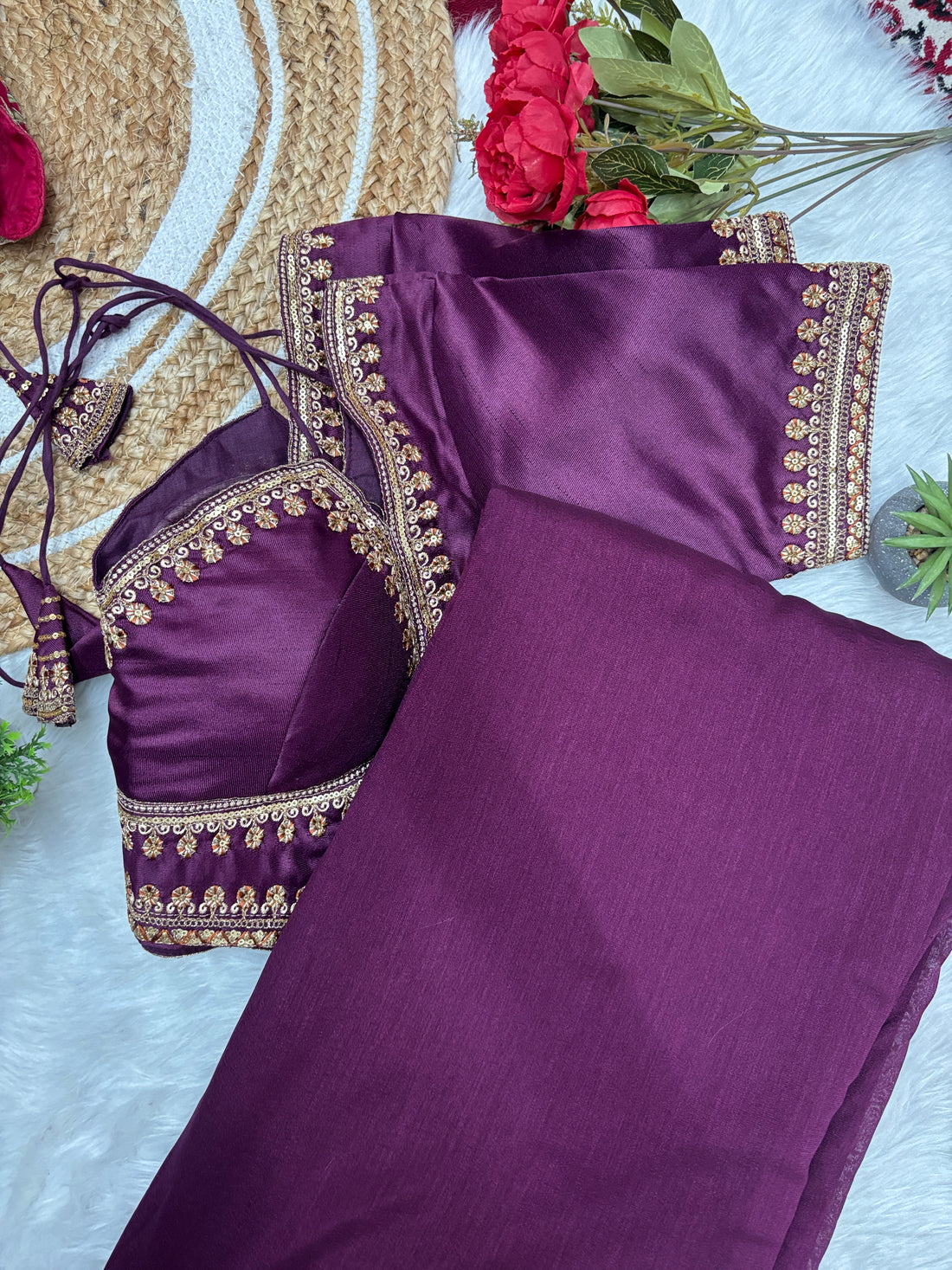 Wine Vichitra Silk Plain Saree With Stiched Masaba Style Blouse