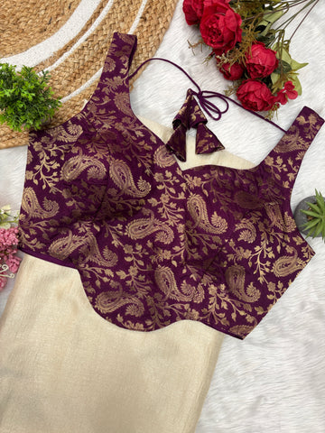Cream Vichitra Silk Plain Saree With Stiched Banarasi Blouse