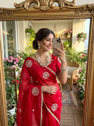 Amazing Designer Embroidery Beats Work Heavy Butta Silk Saree With Stiched Blouse