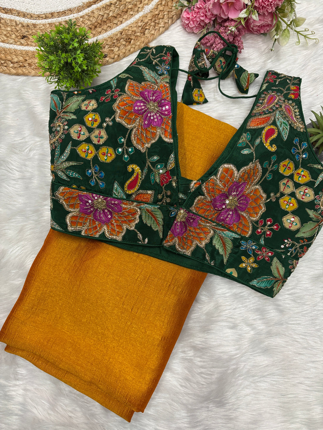 Yellow Vichitra Silk Plain Saree With Stiched V Neck Blouse