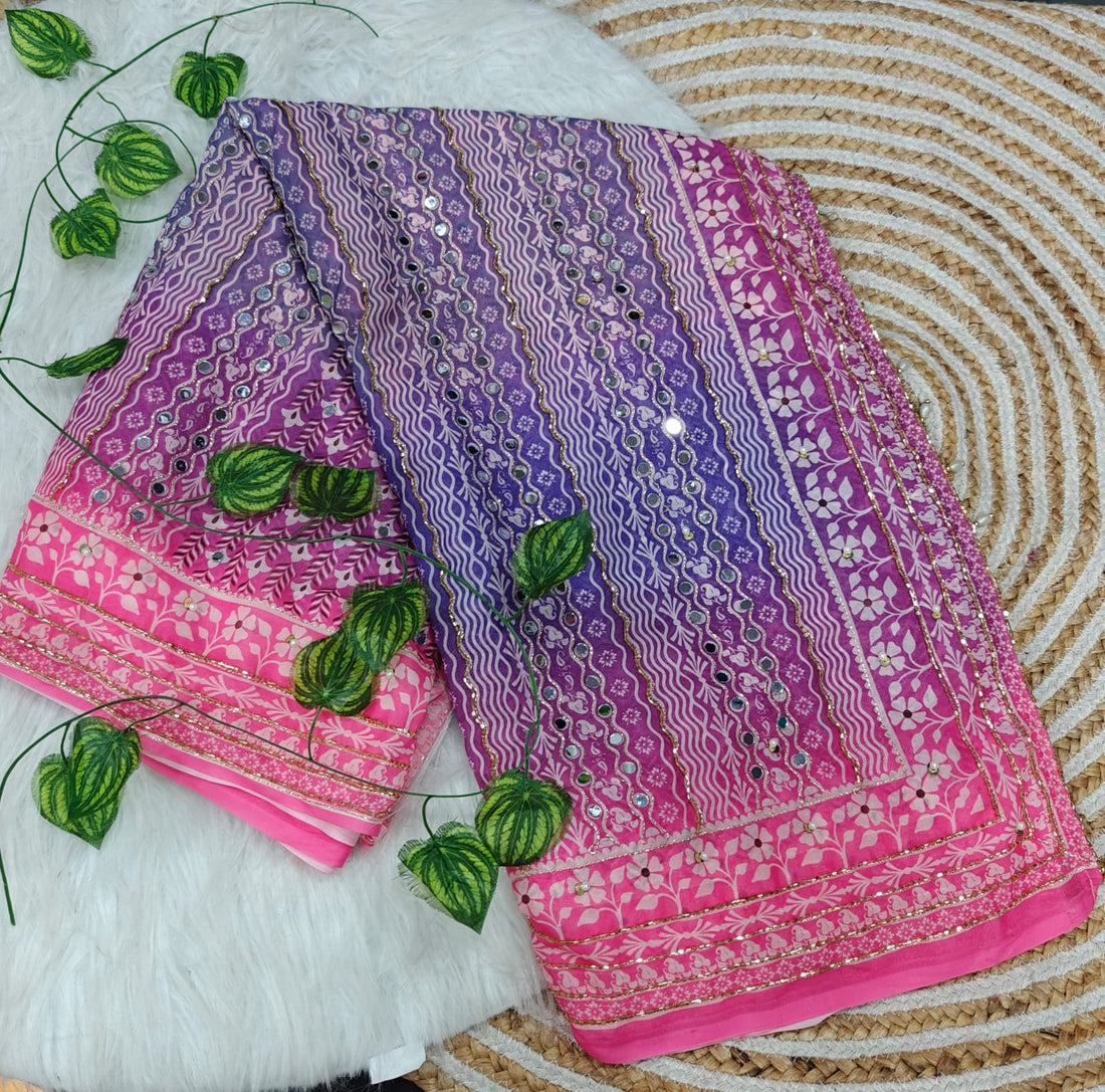 Treanding Original Mirror Jari Hand Work Georgette Saree