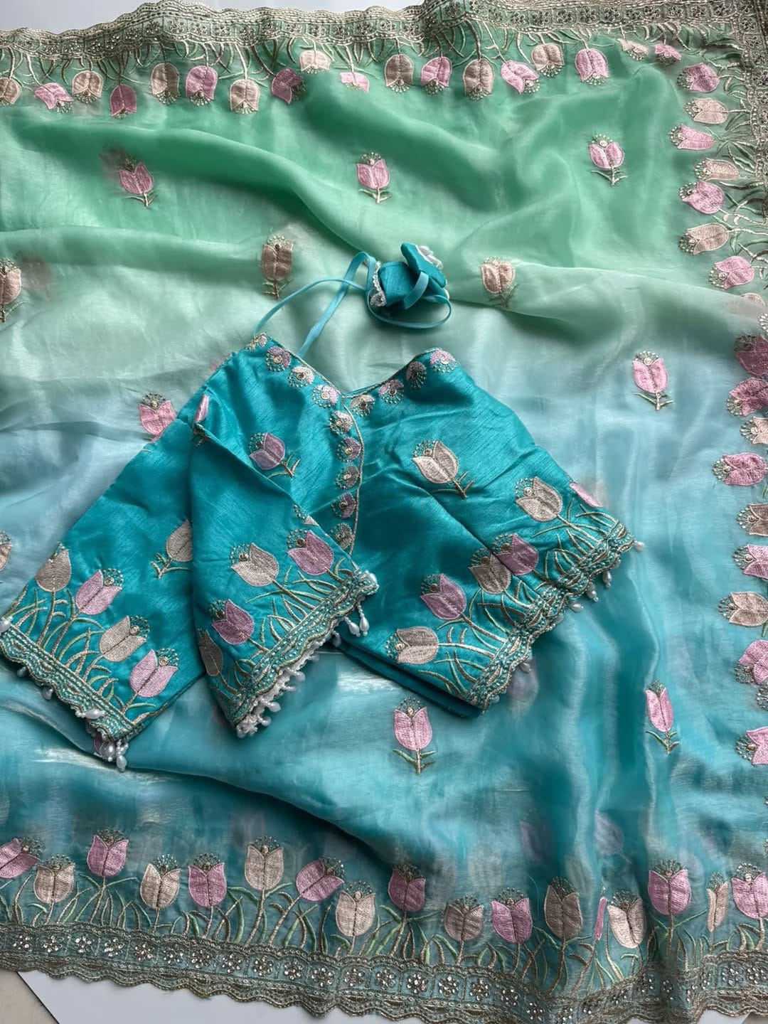 Seafoam Green Beautiful Lotus Embroidery Fendy Sartin Sari With Blouse