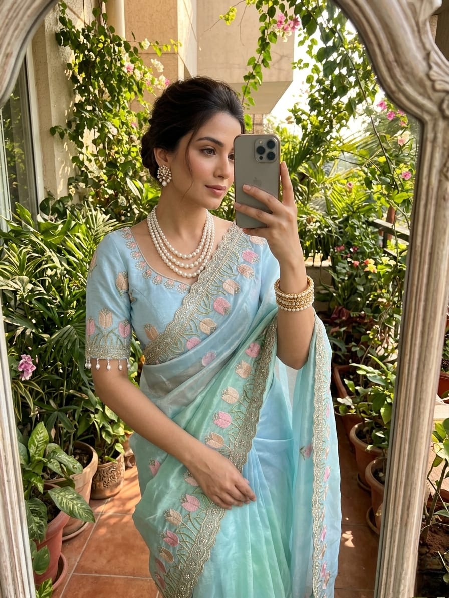 Sky Blue Beautiful Lotus Embroidery Fendy Sartin Sari With Blouse