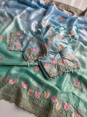 Sky Blue Beautiful Lotus Embroidery Fendy Sartin Sari With Blouse